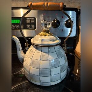 Mackenzie Childs 2 quart Classic Checkered Teapot with Gold and Wooden Accents